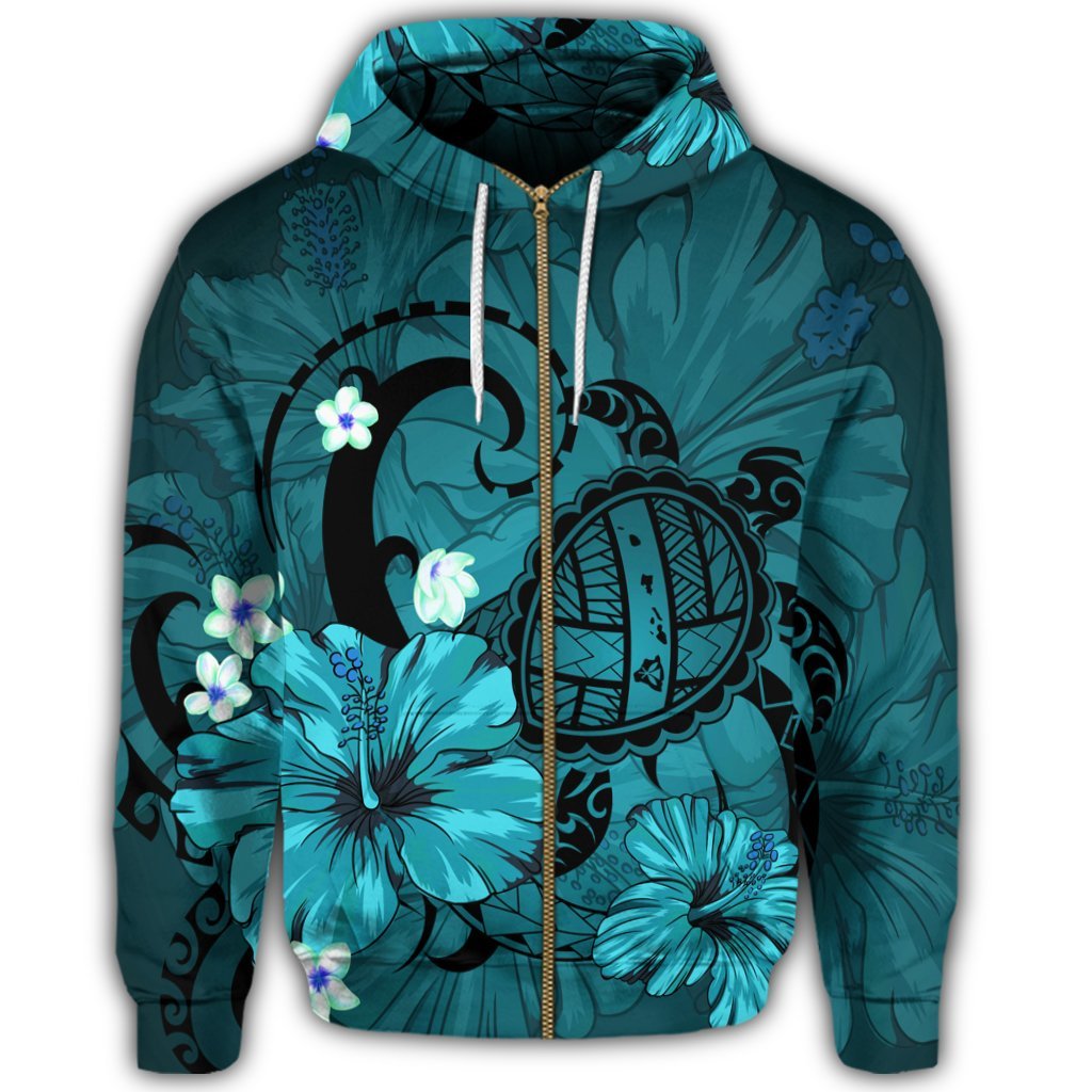 Hawaiian Map Big Turtle Hibiscus Plumeria Tribal Polynesian Zip Hoodie Turquoise - Polynesian Pride
