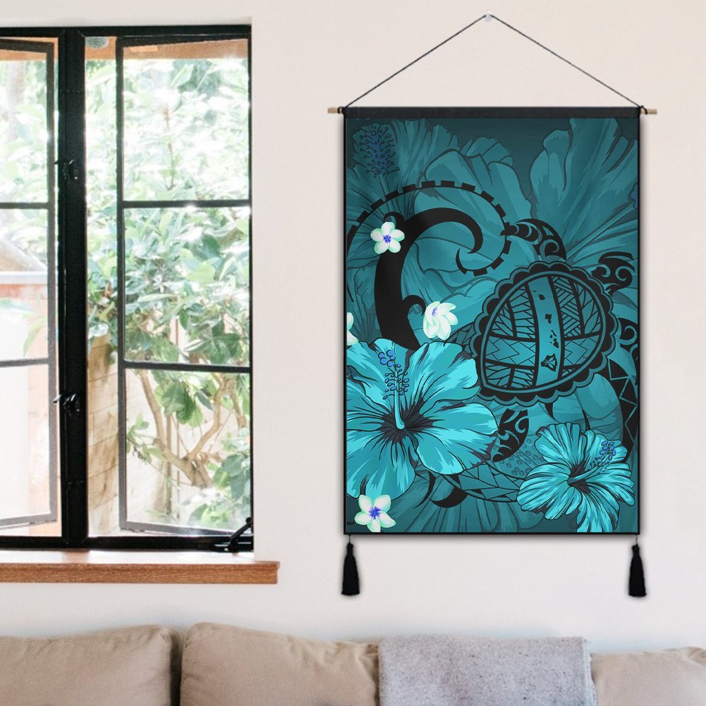 Hawaiian Map Big Turtle Hibiscus Plumeria Tribal Polynesian Hanging Poster - Turquoise - AH - Polynesian Pride