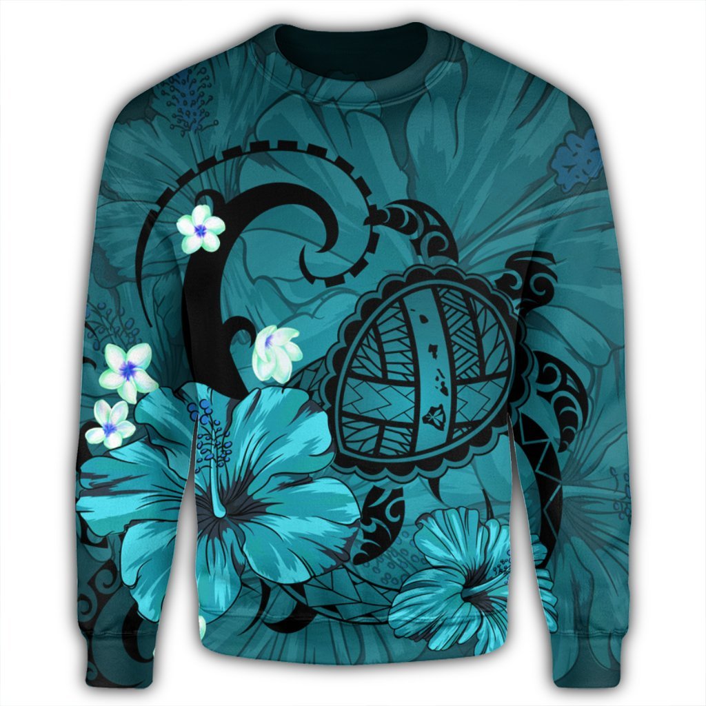 Hawaiian Map Big Turtle Hibiscus Plumeria Tribal Polynesian Sweatshirt - Turquoise - AH - Polynesian Pride