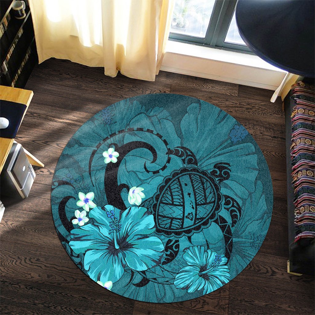 Hawaiian Map Big Turtle Hibiscus Plumeria Tribal Polynesian Round Carpet - Turquoise - AH - Polynesian Pride