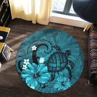 Hawaiian Map Big Turtle Hibiscus Plumeria Tribal Polynesian Round Carpet - Turquoise - AH - Polynesian Pride