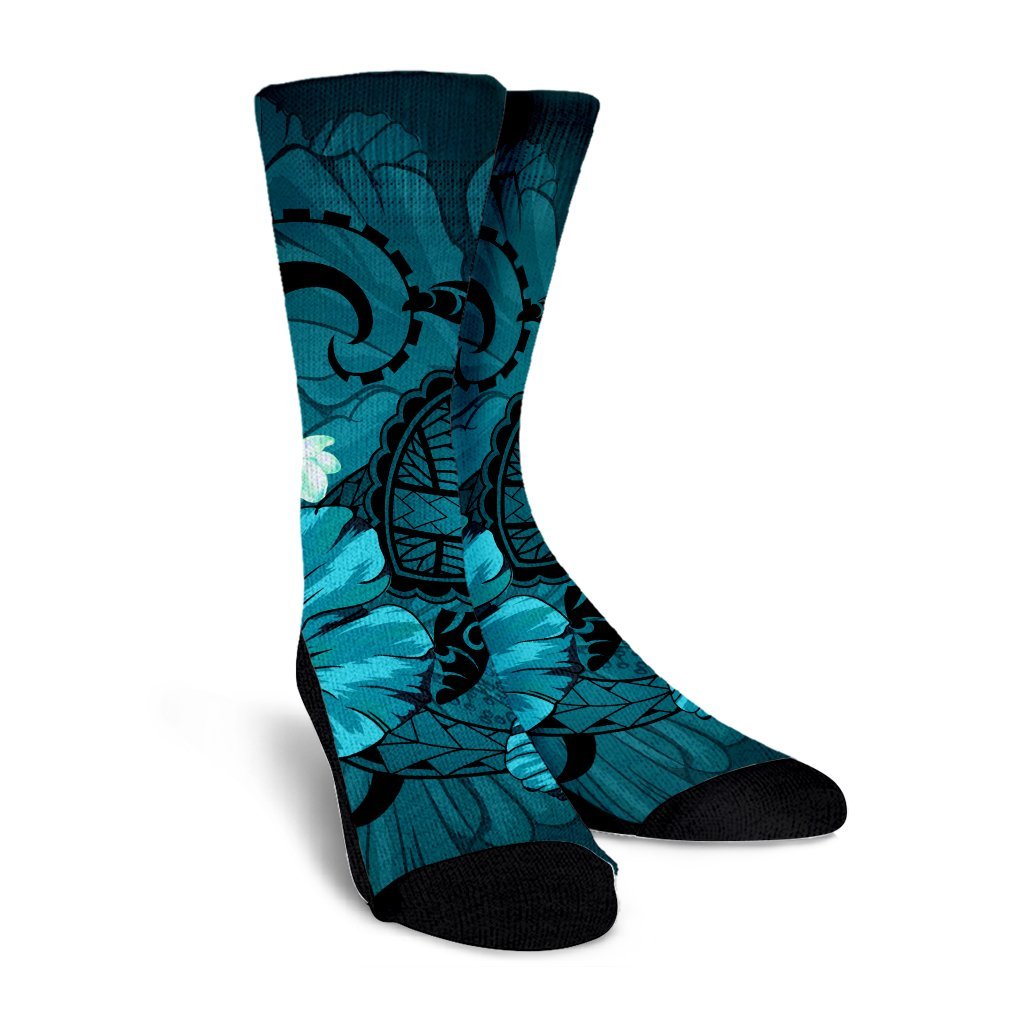 Hawaiian Map Big Turtle Hibiscus Plumeria Tribal Polynesian Crew Socks - Turquoise - AH - Polynesian Pride
