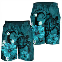 Hawaiian Map Big Turtle Hibiscus Plumeria Tribal Polynesian Men's Shorts - Turquoise - AH - Polynesian Pride