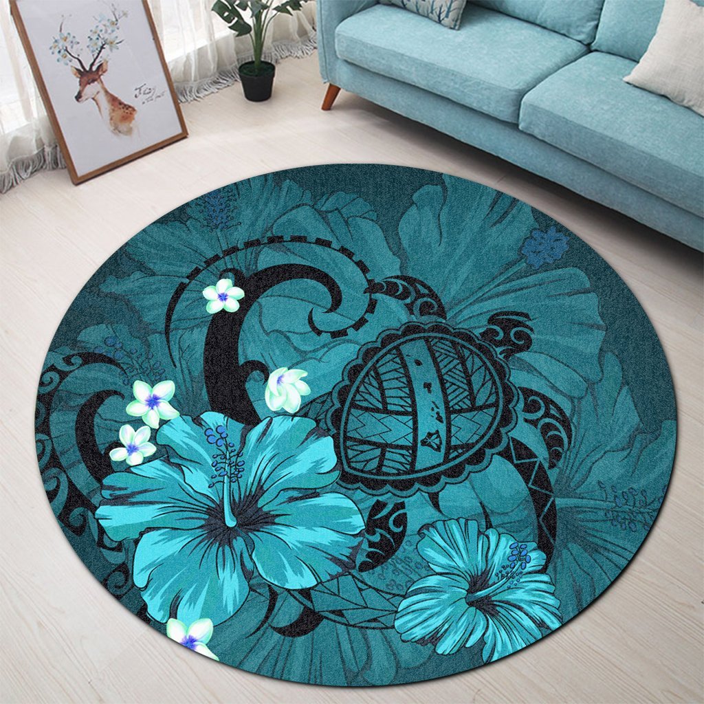 Hawaiian Map Big Turtle Hibiscus Plumeria Tribal Polynesian Round Carpet - Turquoise - AH - Polynesian Pride