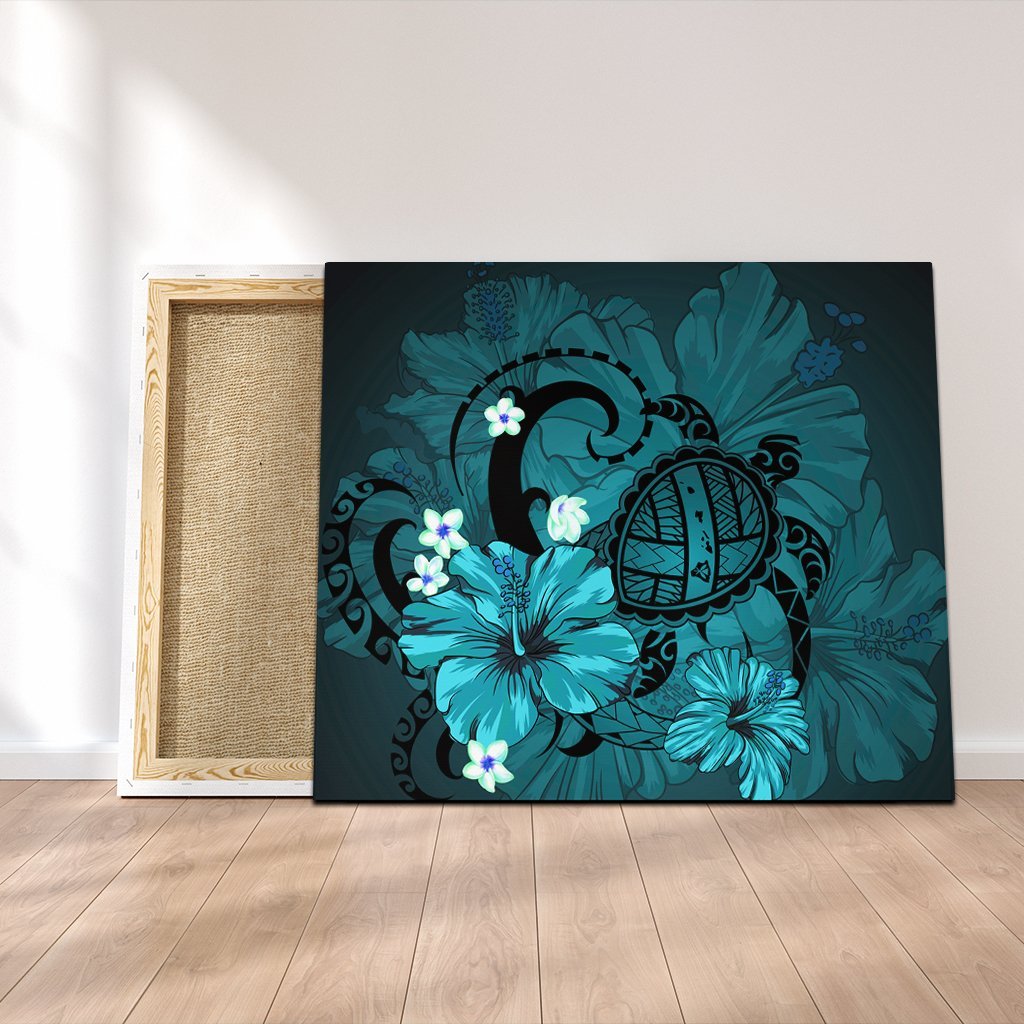 Hawaiian Map Big Turtle Hibiscus Plumeria Tribal Polynesian Canvas - Turquoise - AH Canvas Poly-cotton - Polynesian Pride