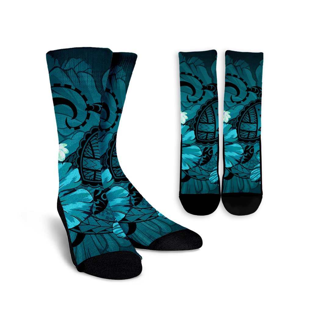 Hawaiian Map Big Turtle Hibiscus Plumeria Tribal Polynesian Crew Socks - Turquoise - AH Crew Socks White - Polynesian Pride