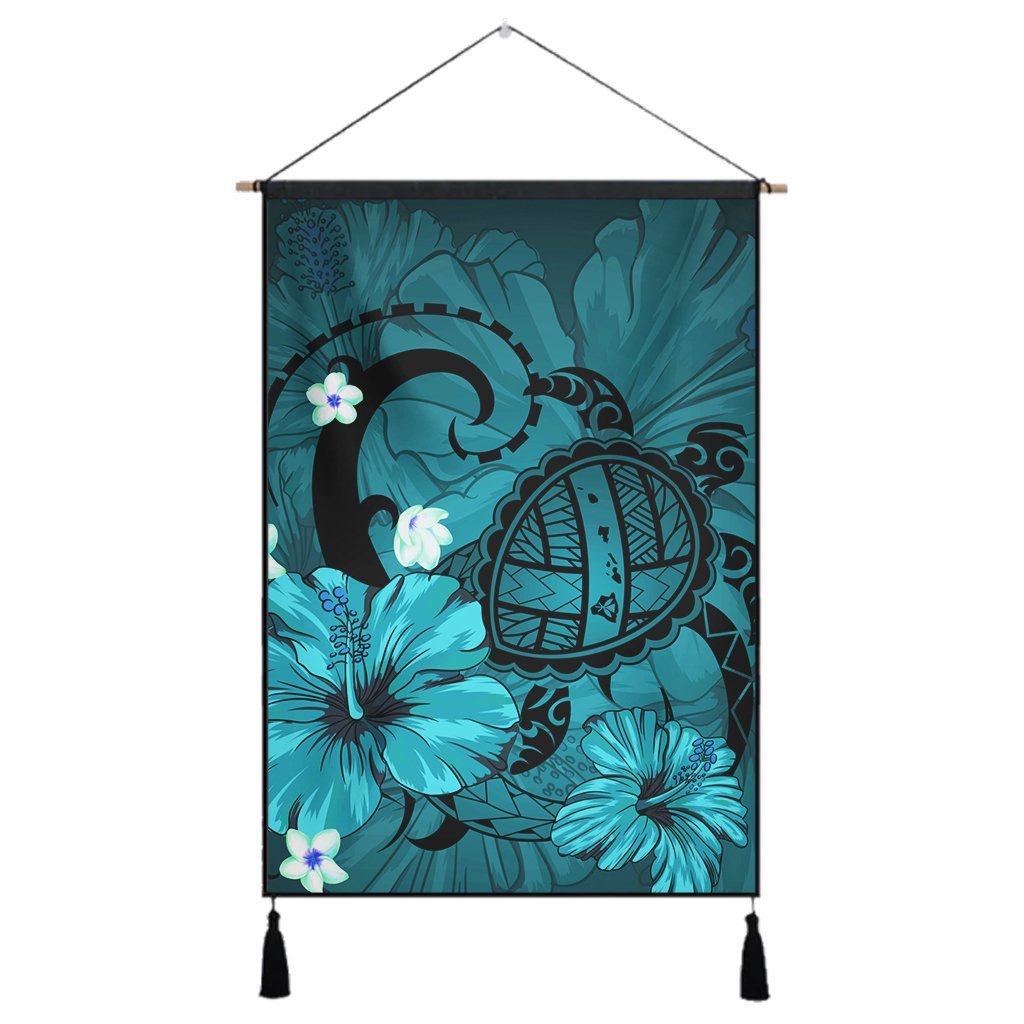 Hawaiian Map Big Turtle Hibiscus Plumeria Tribal Polynesian Hanging Poster - Turquoise - AH Hanging Poster Cotton And Linen - Polynesian Pride