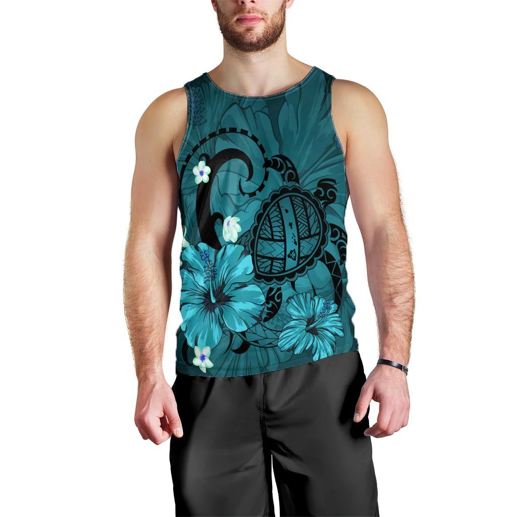 Hawaiian Map Big Turtle Hibiscus Plumeria Tribal Polynesian Tank Top - Turquoise - AH Black - Polynesian Pride