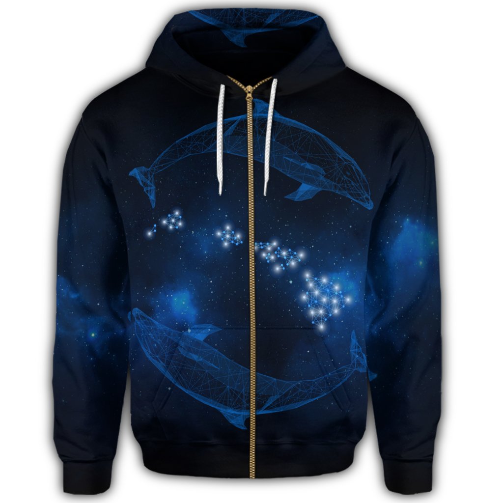 Hawaiian Map Galaxy Zodiac Dolphin Polynesian Zip Hoodie - Polynesian Pride