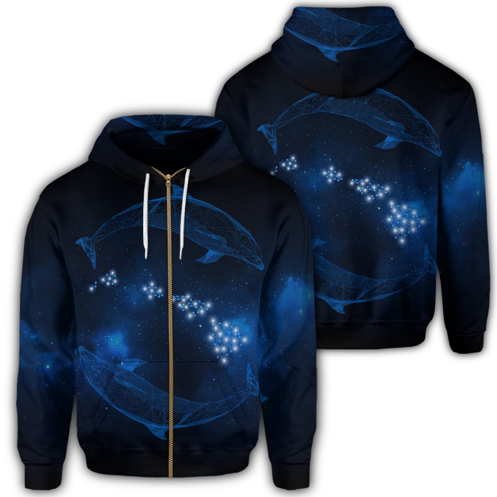 Hawaiian Map Galaxy Zodiac Dolphin Polynesian Zip Hoodie Unisex Art - Polynesian Pride