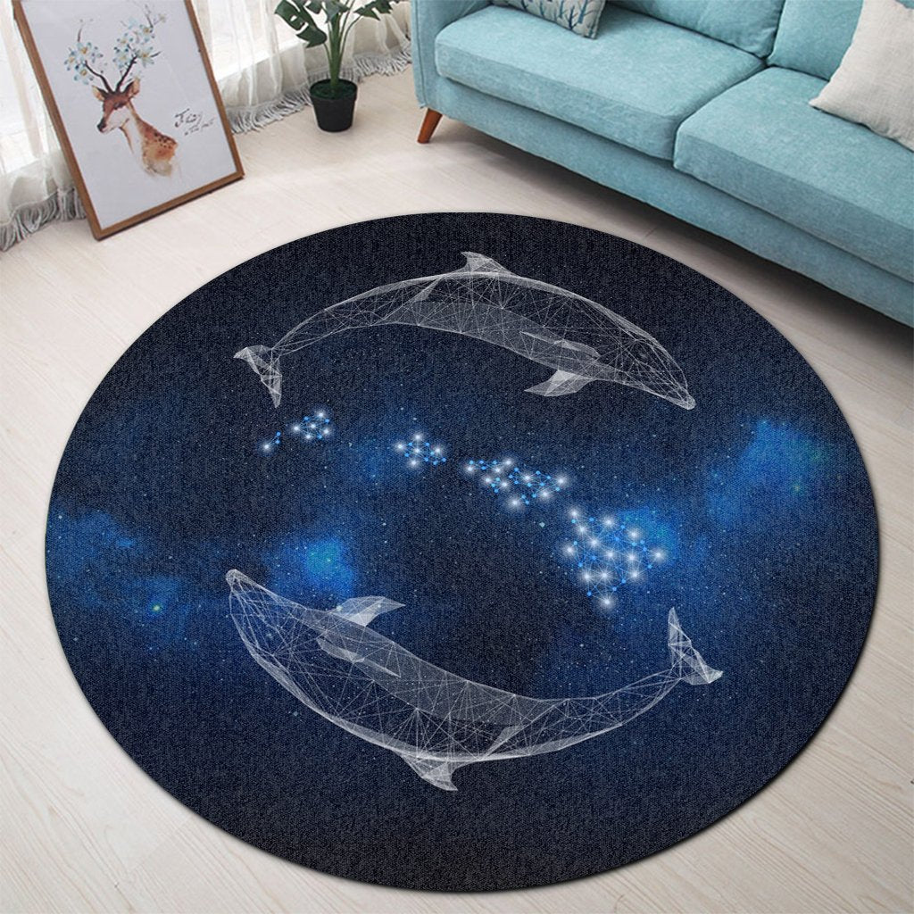 Hawaiian Map Galaxy Zodiac Dolphin White Polynesian Round Carpet - AH - Polynesian Pride