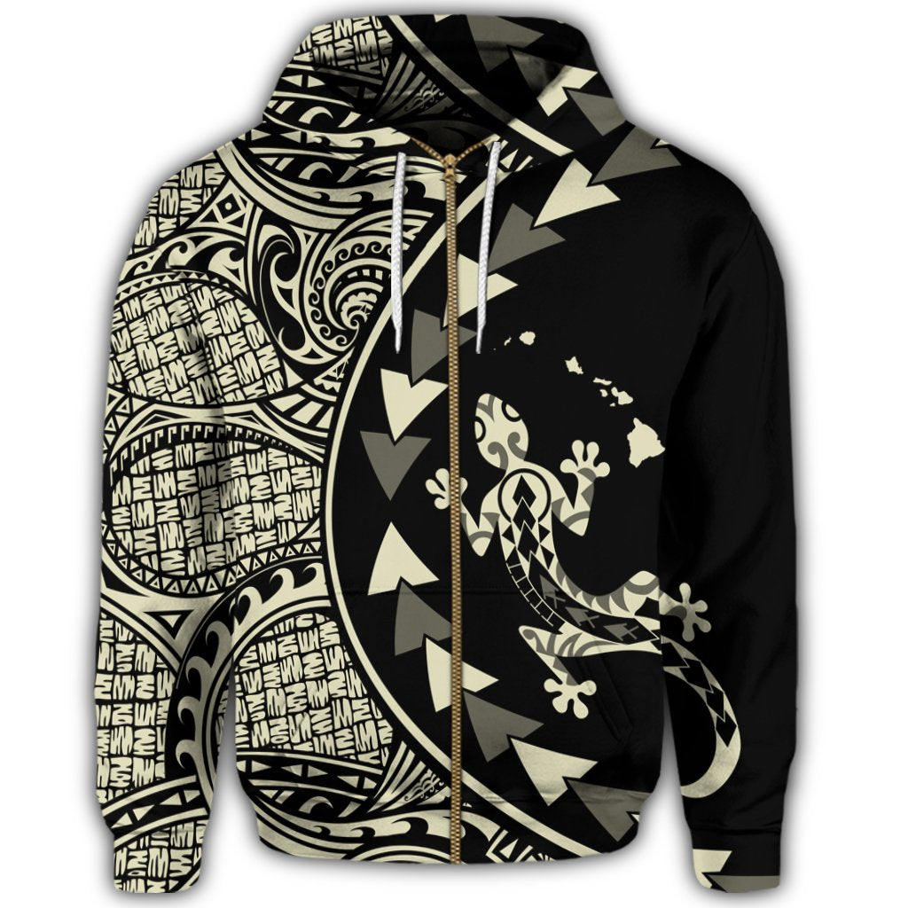 Hawaiian Map Gecko Tattoo Kakau Polynesian Zip Hoodie Beige - Polynesian Pride