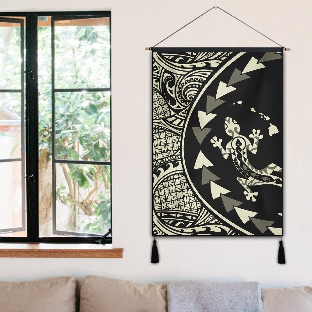 Hawaiian Map Gecko Tattoo Kakau Polynesian Hanging Poster Beige AH - Polynesian Pride