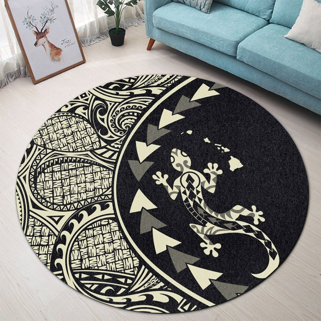 Hawaiian Map Gecko Tattoo Kakau Polynesian Round Carpet Beige AH - Polynesian Pride