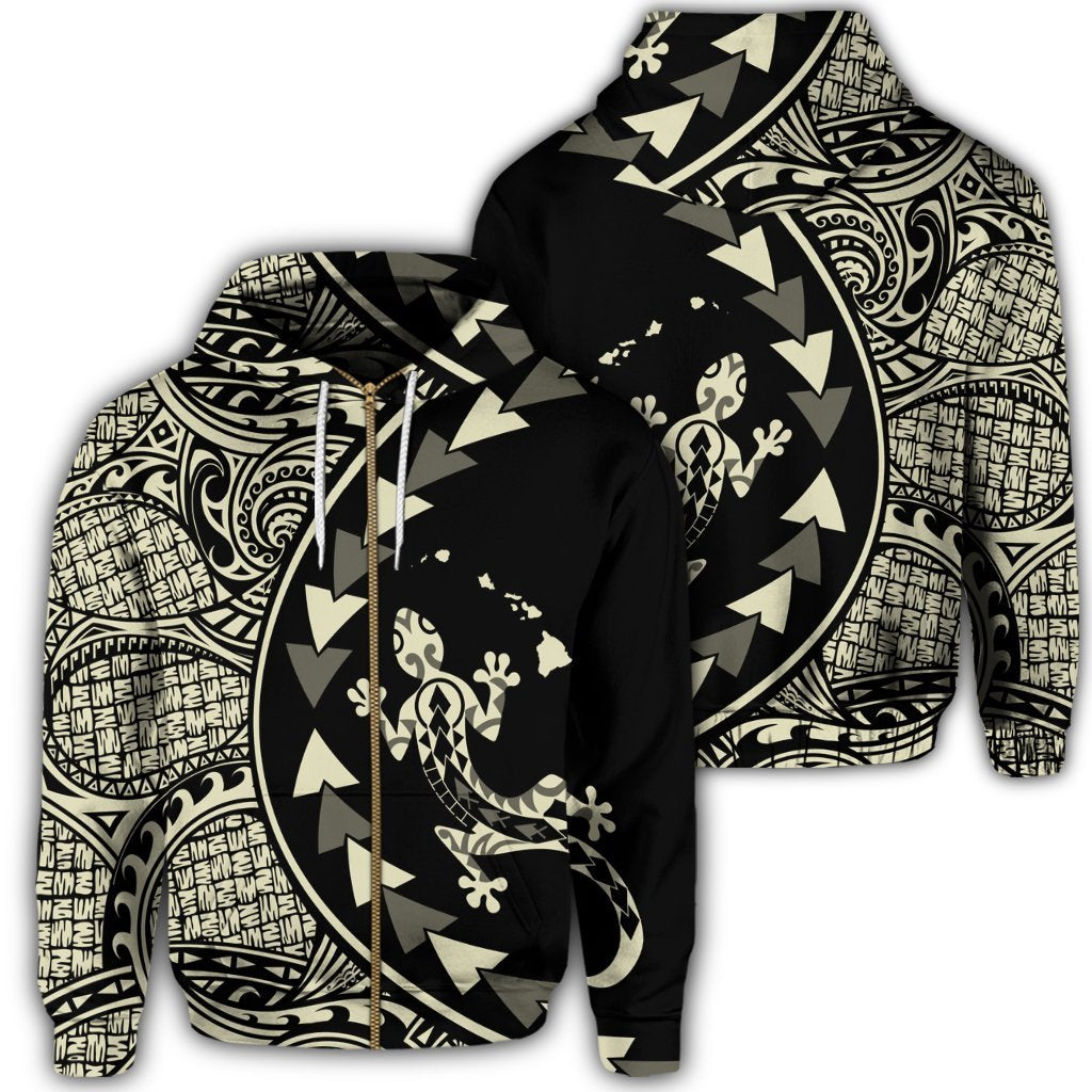 Hawaiian Map Gecko Tattoo Kakau Polynesian Zip Hoodie Beige Unisex Art - Polynesian Pride