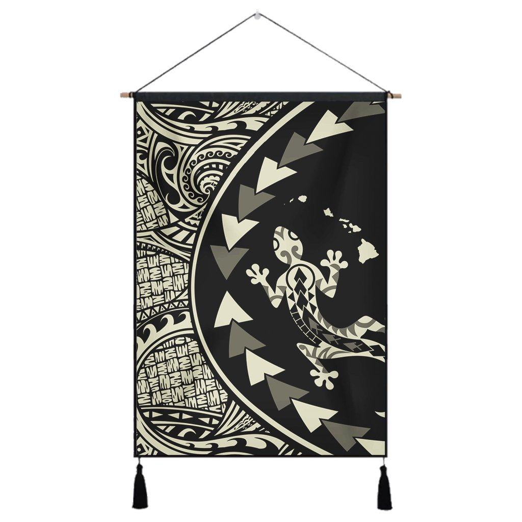 Hawaiian Map Gecko Tattoo Kakau Polynesian Hanging Poster Beige AH Hanging Poster Cotton And Linen - Polynesian Pride