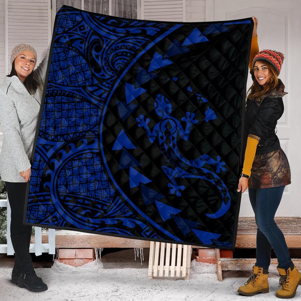 Hawaiian Map Gecko Tattoo Kakau Polynesian Premium Quilts Blue AH - Polynesian Pride
