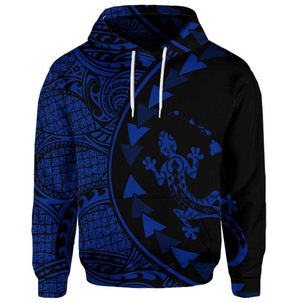 Custom Hawaiian Map Gecko Tattoo Kakau Polynesian Hoodie Blue - Polynesian Pride