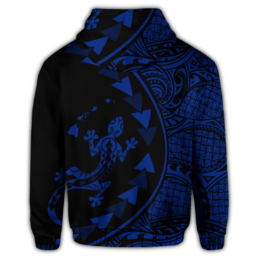 Hawaiian Map Gecko Tattoo Kakau Polynesian Zip Hoodie Blue - Polynesian Pride