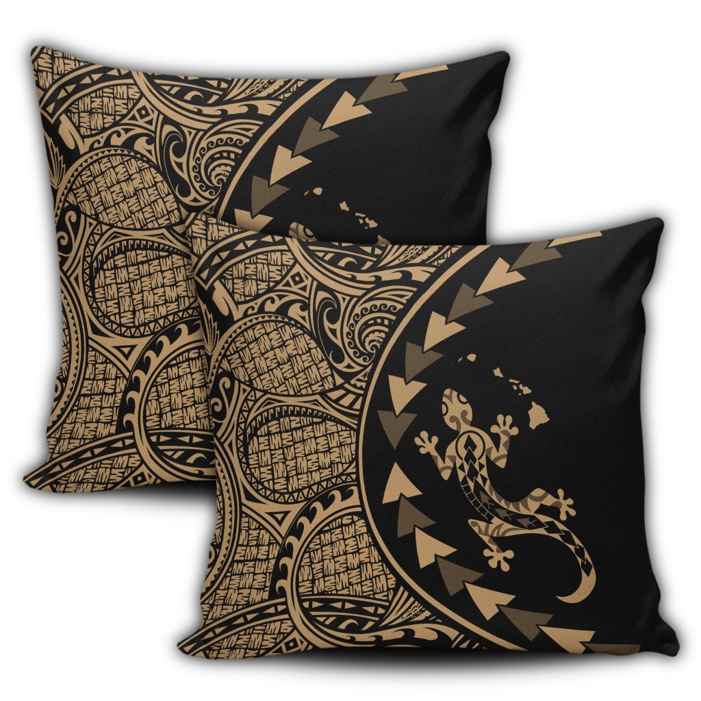 Hawaiian Map Gecko Tattoo Kakau Polynesian Pillow Covers Gold AH - Polynesian Pride