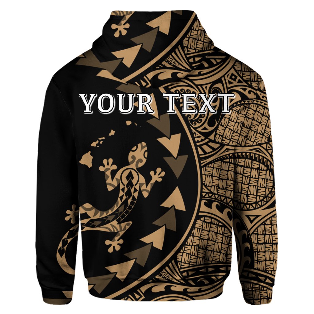 Custom Hawaiian Map Gecko Tattoo Kakau Polynesian Hoodie Gold - Polynesian Pride