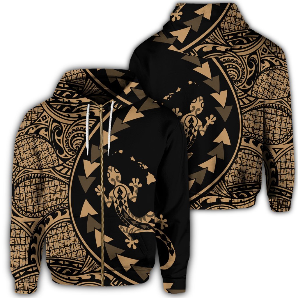 Hawaiian Map Gecko Tattoo Kakau Polynesian Zip Hoodie Gold Unisex Art - Polynesian Pride