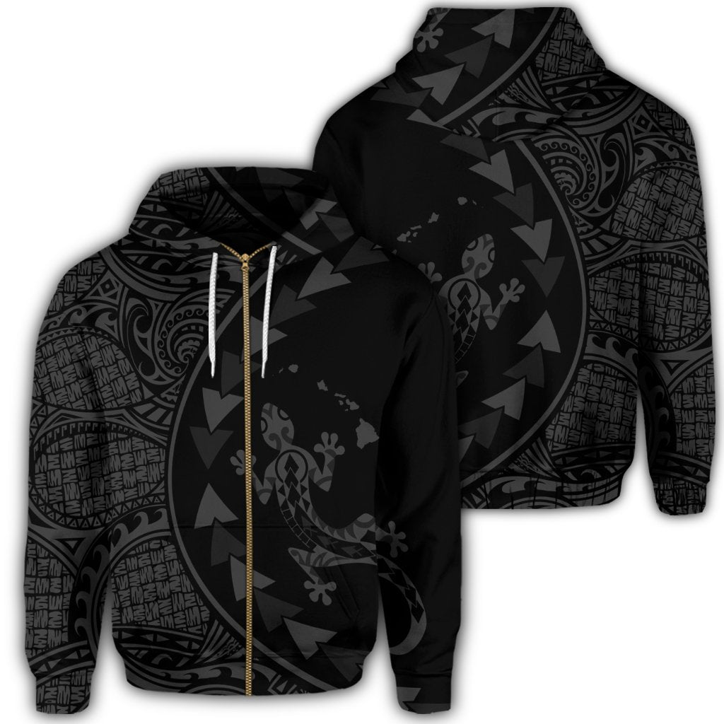Hawaiian Map Gecko Tattoo Kakau Polynesian Zip Hoodie Gray Unisex Art - Polynesian Pride