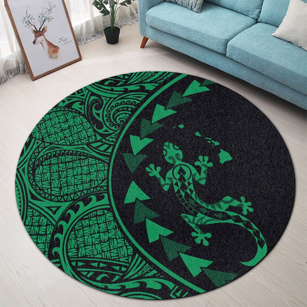 Hawaiian Map Gecko Tattoo Kakau Polynesian Round Carpet Green AH - Polynesian Pride