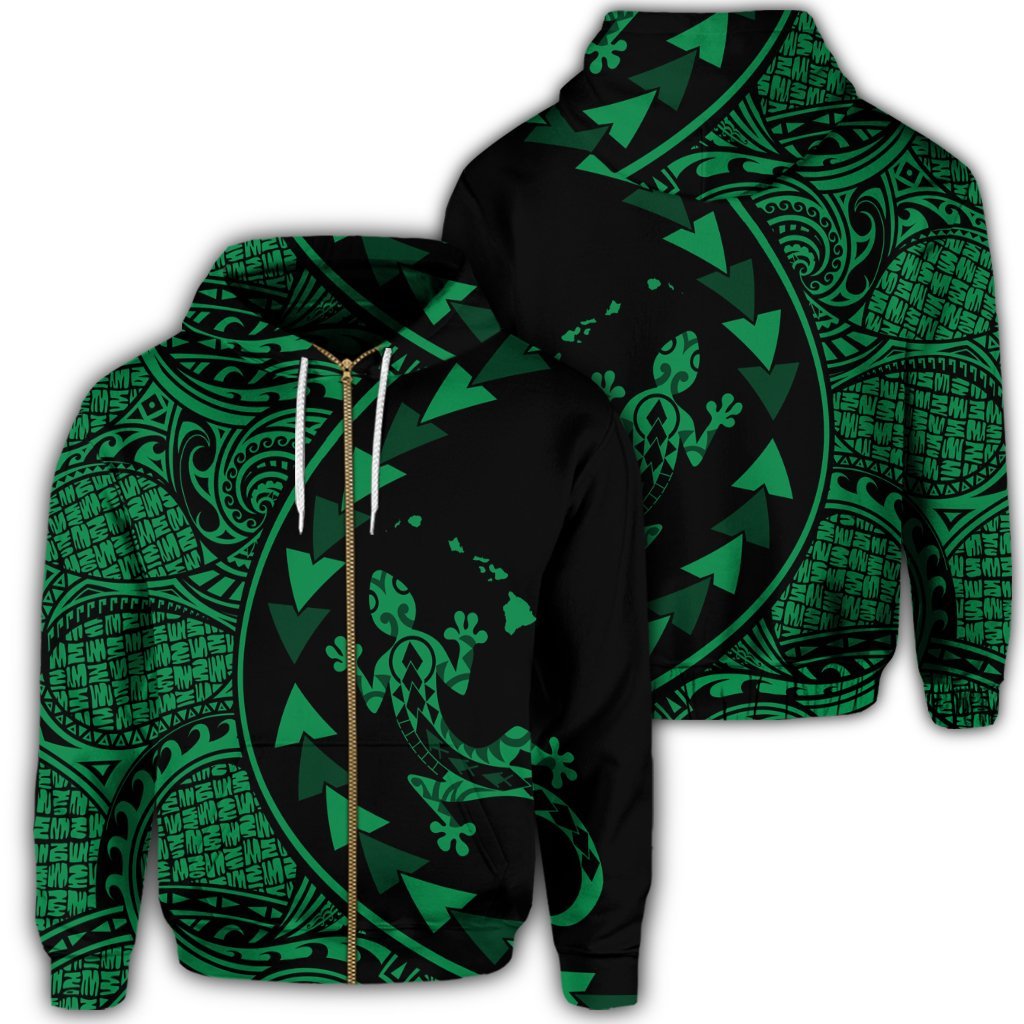 Hawaiian Map Gecko Tattoo Kakau Polynesian Zip Hoodie Green Unisex Art - Polynesian Pride