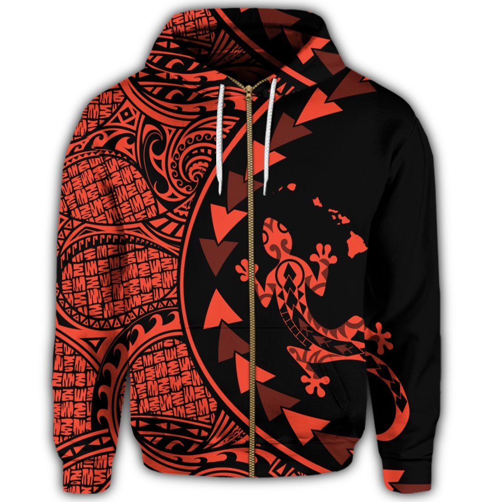 Hawaiian Map Gecko Tattoo Kakau Polynesian Zip Hoodie Orange - Polynesian Pride