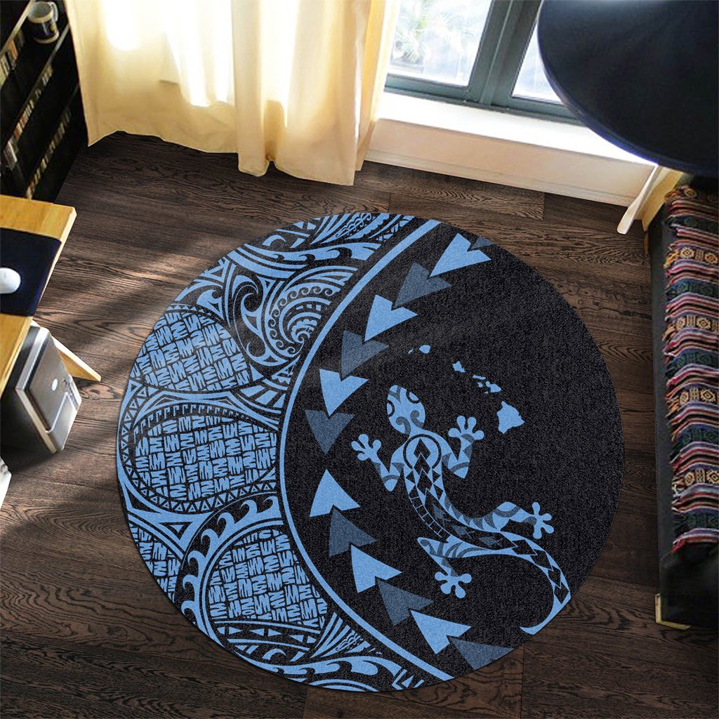 Hawaiian Map Gecko Tattoo Kakau Polynesian Round Carpet Pastel Blue AH - Polynesian Pride