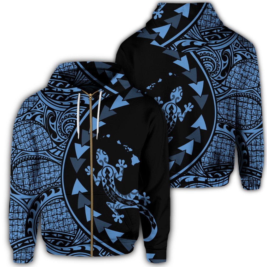 Hawaiian Map Gecko Tattoo Kakau Polynesian Zip Hoodie Pastel Blue Unisex Art - Polynesian Pride