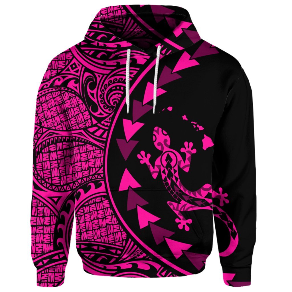 Custom Hawaiian Map Gecko Tattoo Kakau Polynesian Hoodie Pink - Polynesian Pride