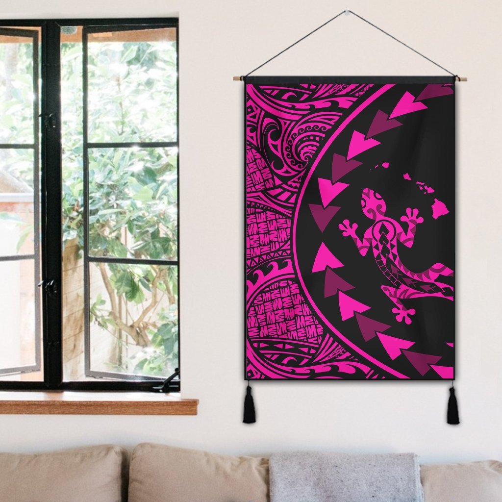Hawaiian Map Gecko Tattoo Kakau Polynesian Hanging Poster Pink AH - Polynesian Pride