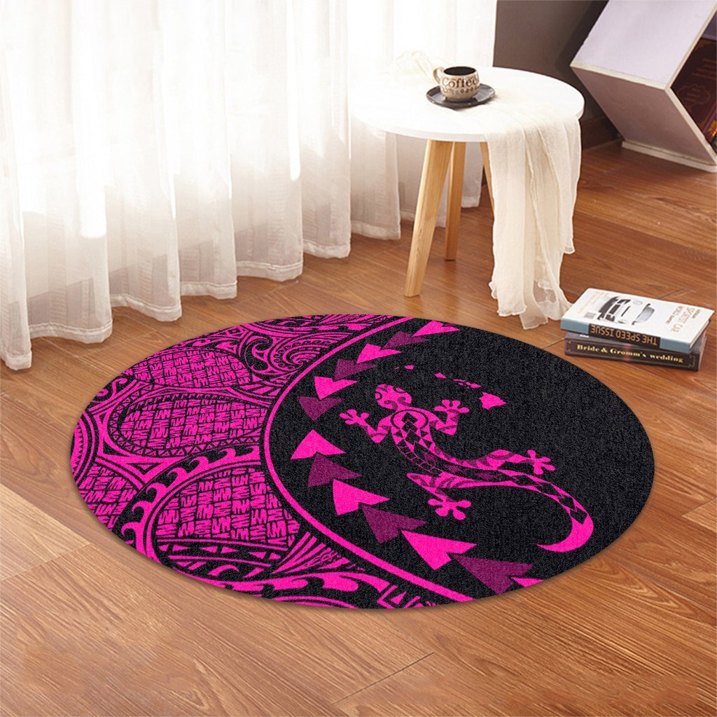 Hawaiian Map Gecko Tattoo Kakau Polynesian Round Carpet Pink AH - Polynesian Pride