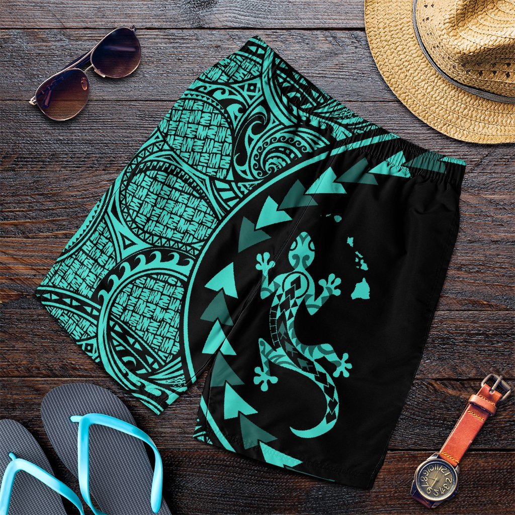 Hawaiian Map Gecko Tattoo Kakau Polynesian Men's Shorts Turquoise AH Art - Polynesian Pride