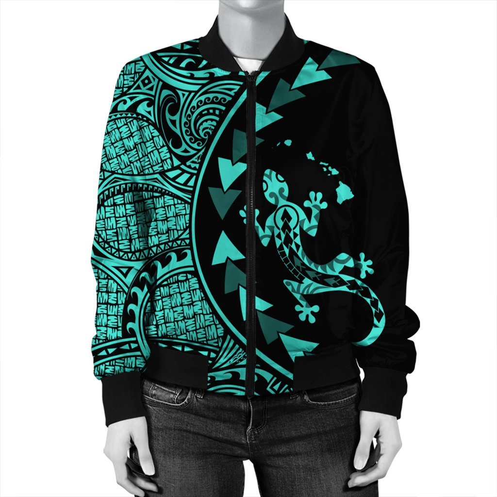 Hawaiian Map Gecko Tattoo Kakau Polynesian Bomber Jacket Turquoise AH - Polynesian Pride