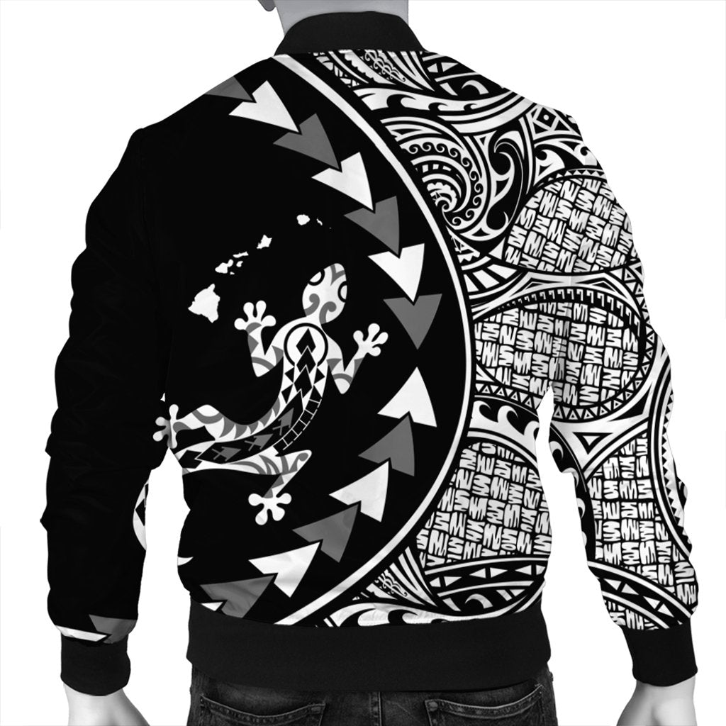 Hawaiian Map Gecko Tattoo Kakau Polynesian Bomber Jacket White AH - Polynesian Pride