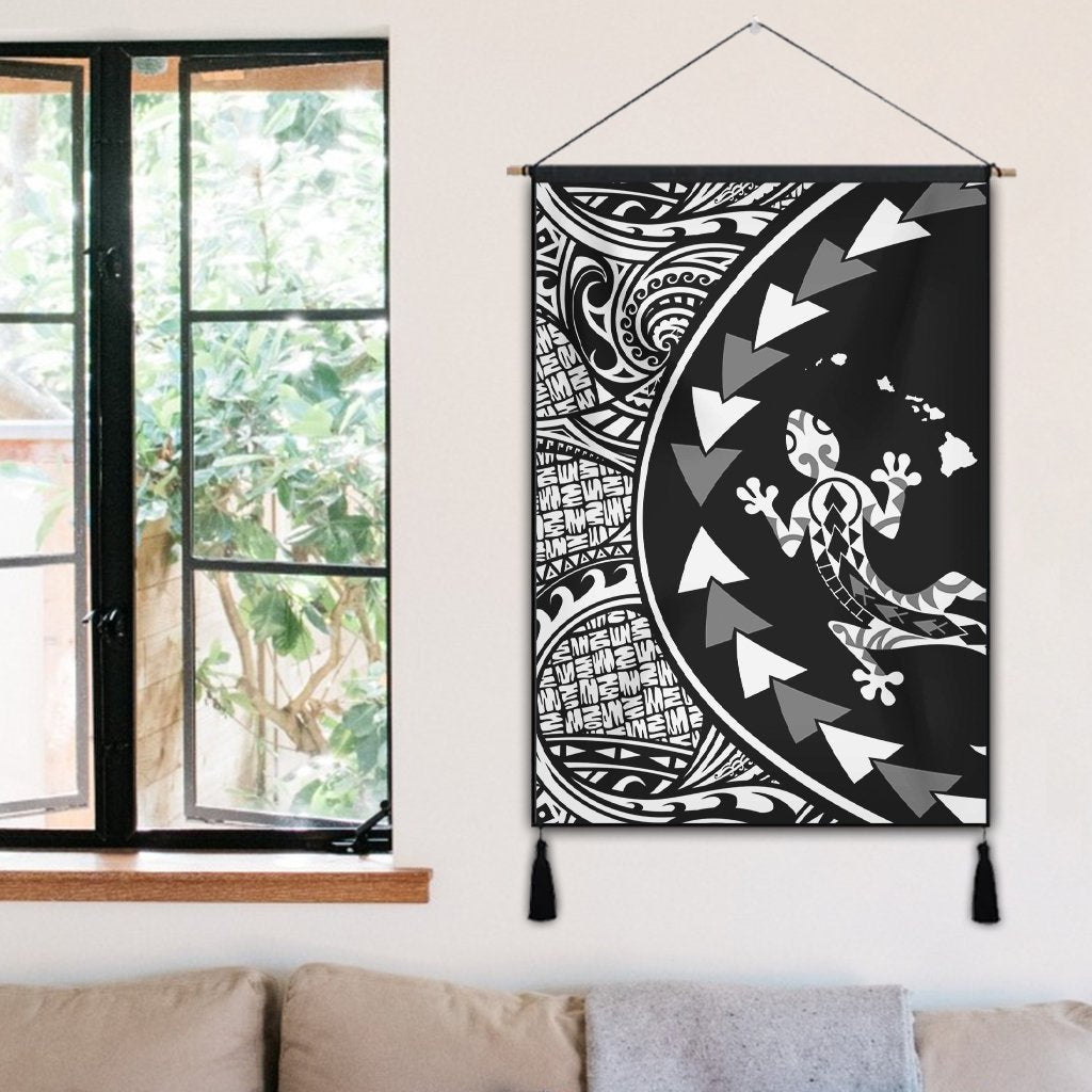Hawaiian Map Gecko Tattoo Kakau Polynesian Hanging Poster White AH - Polynesian Pride
