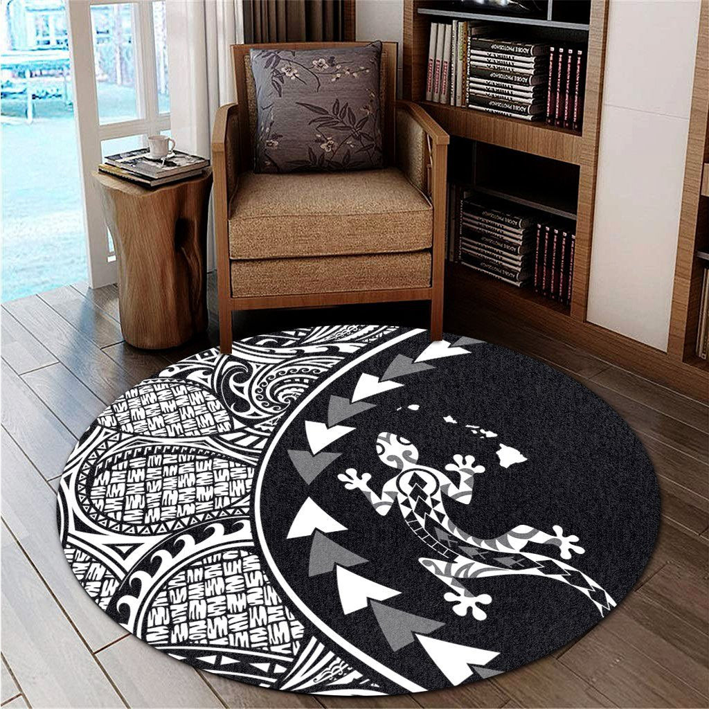 Hawaiian Map Gecko Tattoo Kakau Polynesian Round Carpet White AH - Polynesian Pride