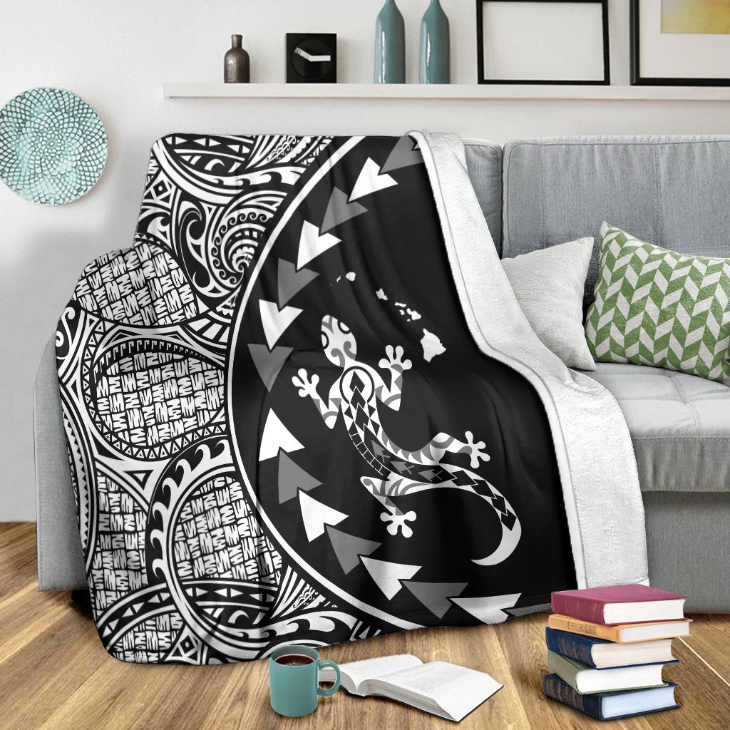 Hawaiian Map Gecko Tattoo Kakau Polynesian Premium Blankets White AH - Polynesian Pride