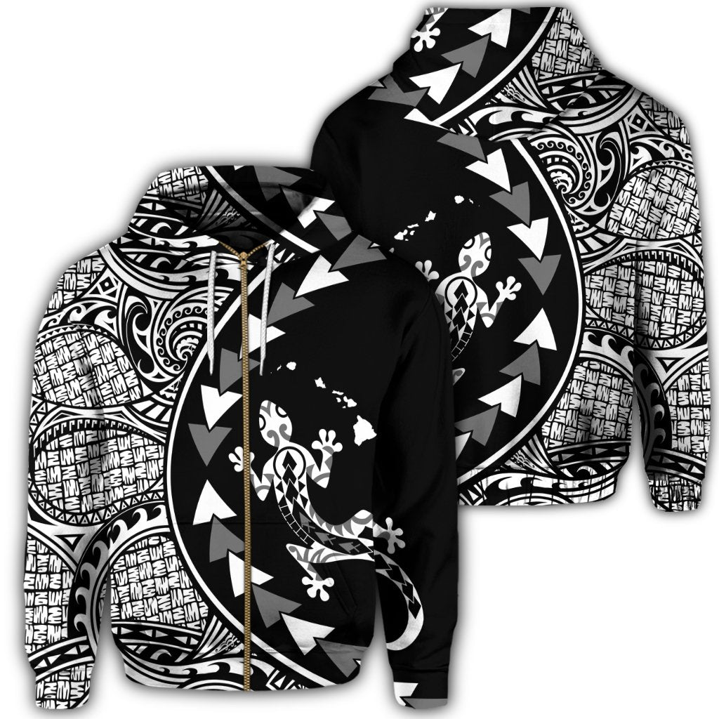 Hawaiian Map Gecko Tattoo Kakau Polynesian Zip Hoodie White Unisex Art - Polynesian Pride