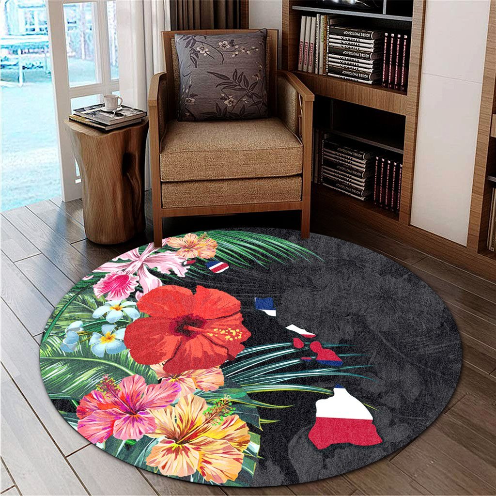 Hawaiian Map Hawaii Flag Hibiscus Polynesian Round Carpet AH - Polynesian Pride
