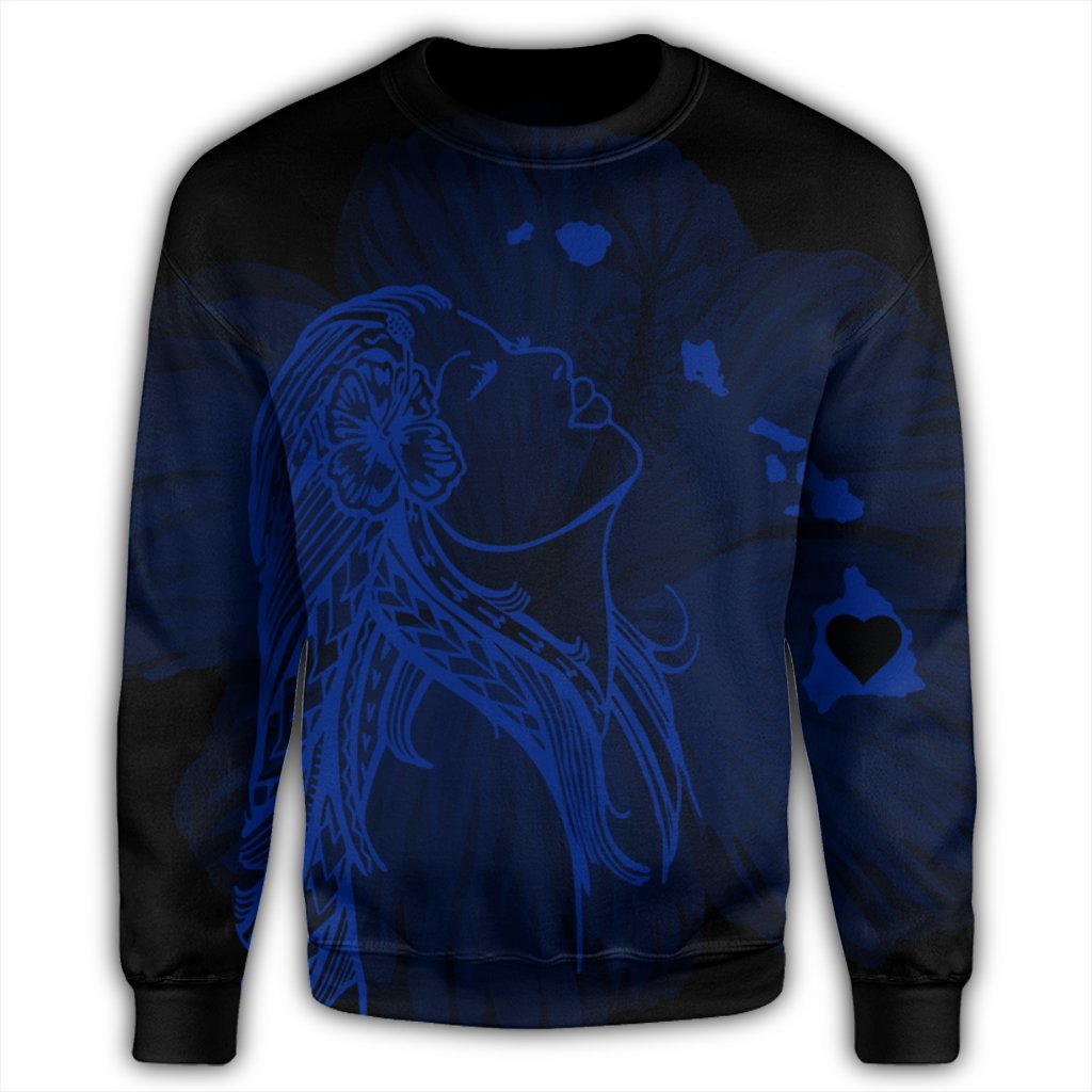 Hawaiian Map Heart Hula Girl Hibiscus Blue Polynesian Sweatshirt - AH - Polynesian Pride