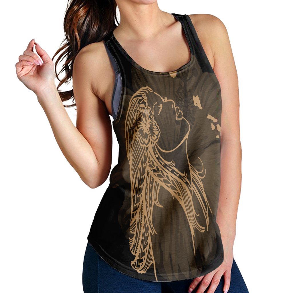 Hawaiian Map Heart Hula Girl Hibiscus Gold Polynesian Racerback Tank - AH - Polynesian Pride