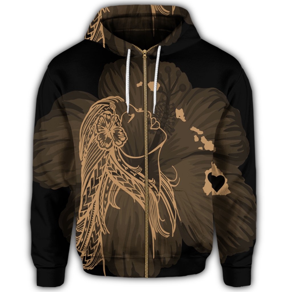 Hawaiian Map Heart Hula Girl Hibiscus Gold Polynesian Zip Hoodie - Polynesian Pride