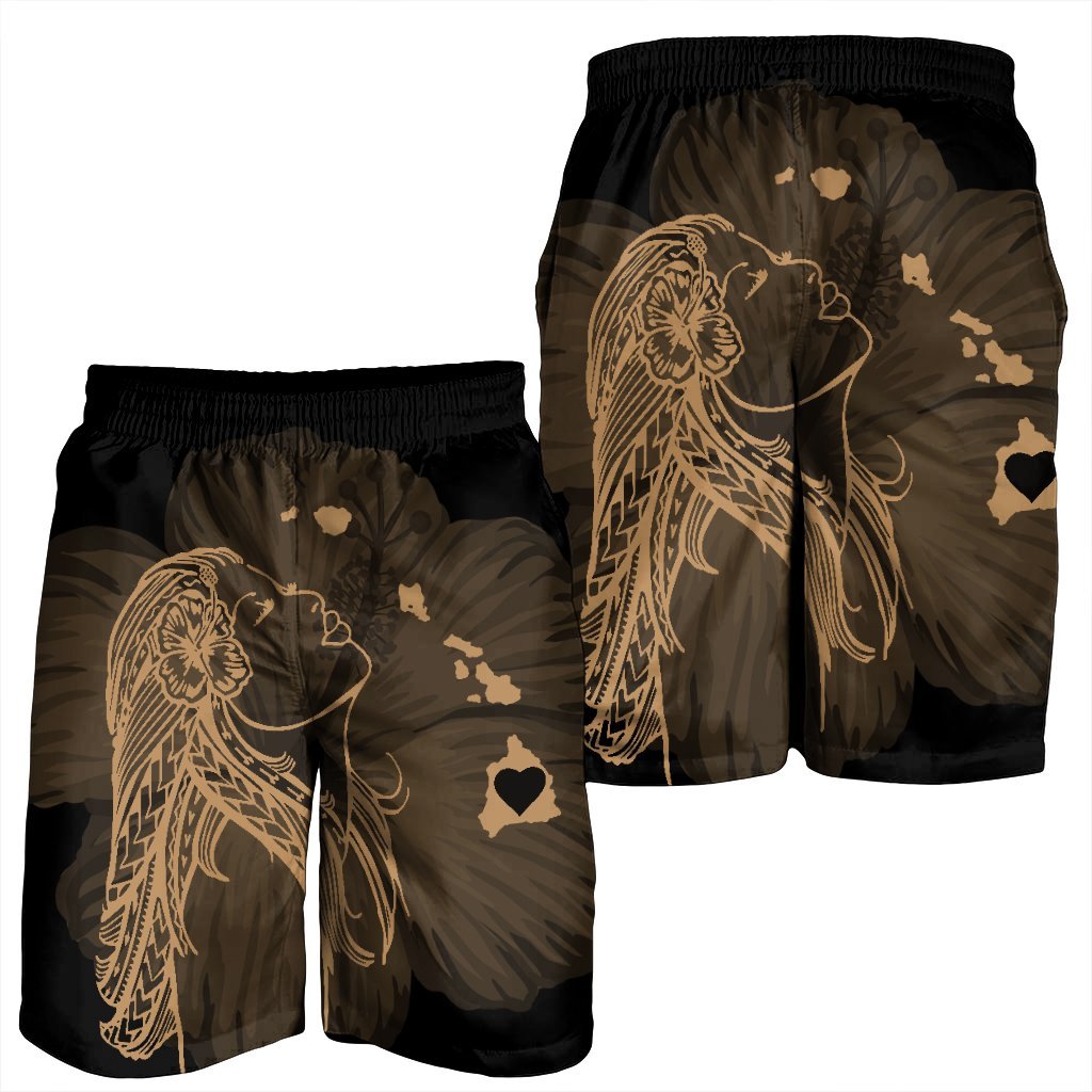 Hawaiian Map Heart Hula Girl Hibiscus Gold Polynesian Men's Shorts - AH - Polynesian Pride