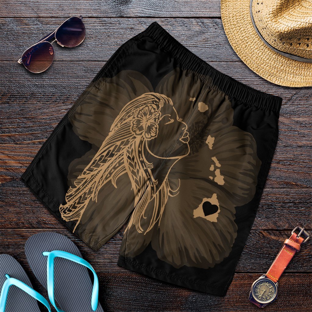 Hawaiian Map Heart Hula Girl Hibiscus Gold Polynesian Men's Shorts - AH Art - Polynesian Pride