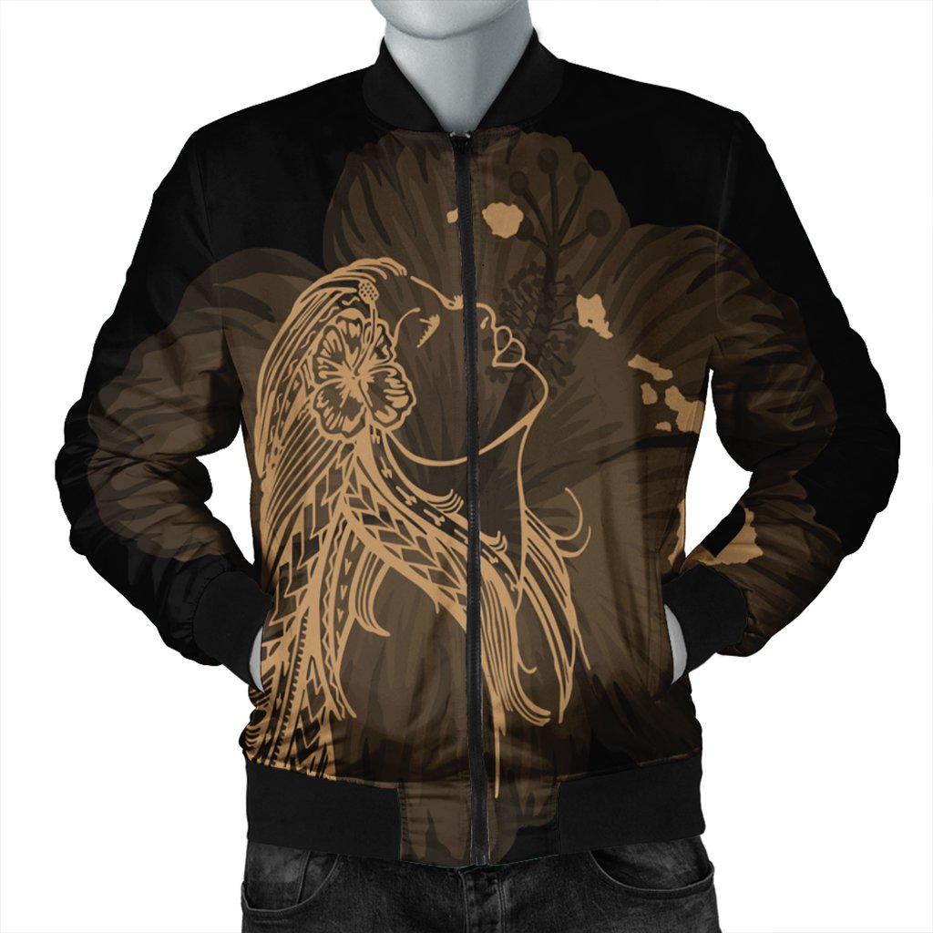 Hawaiian Map Heart Hula Girl Hibiscus Gold Polynesian Bomber Jacket - AH Black Unisex - Polynesian Pride