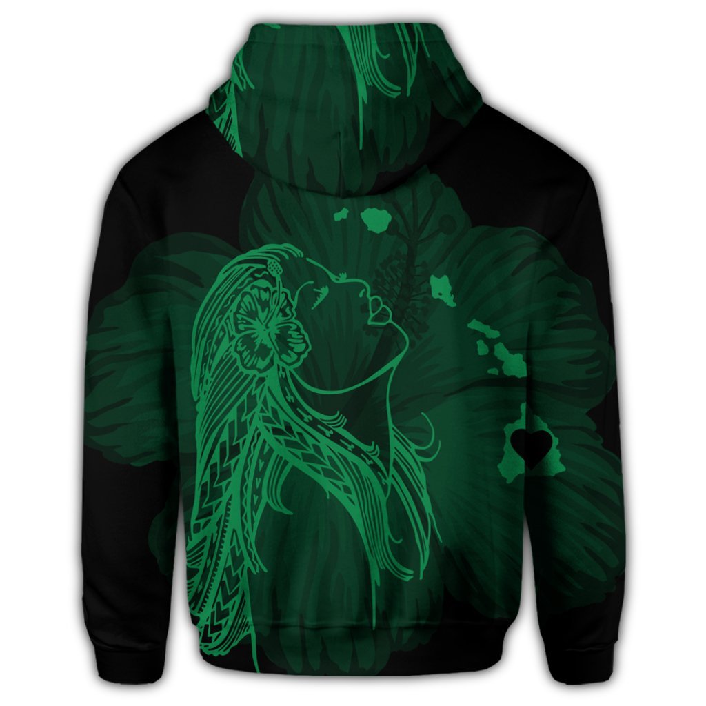 Hawaiian Map Heart Hula Girl Hibiscus Green Polynesian Zip Hoodie - Polynesian Pride
